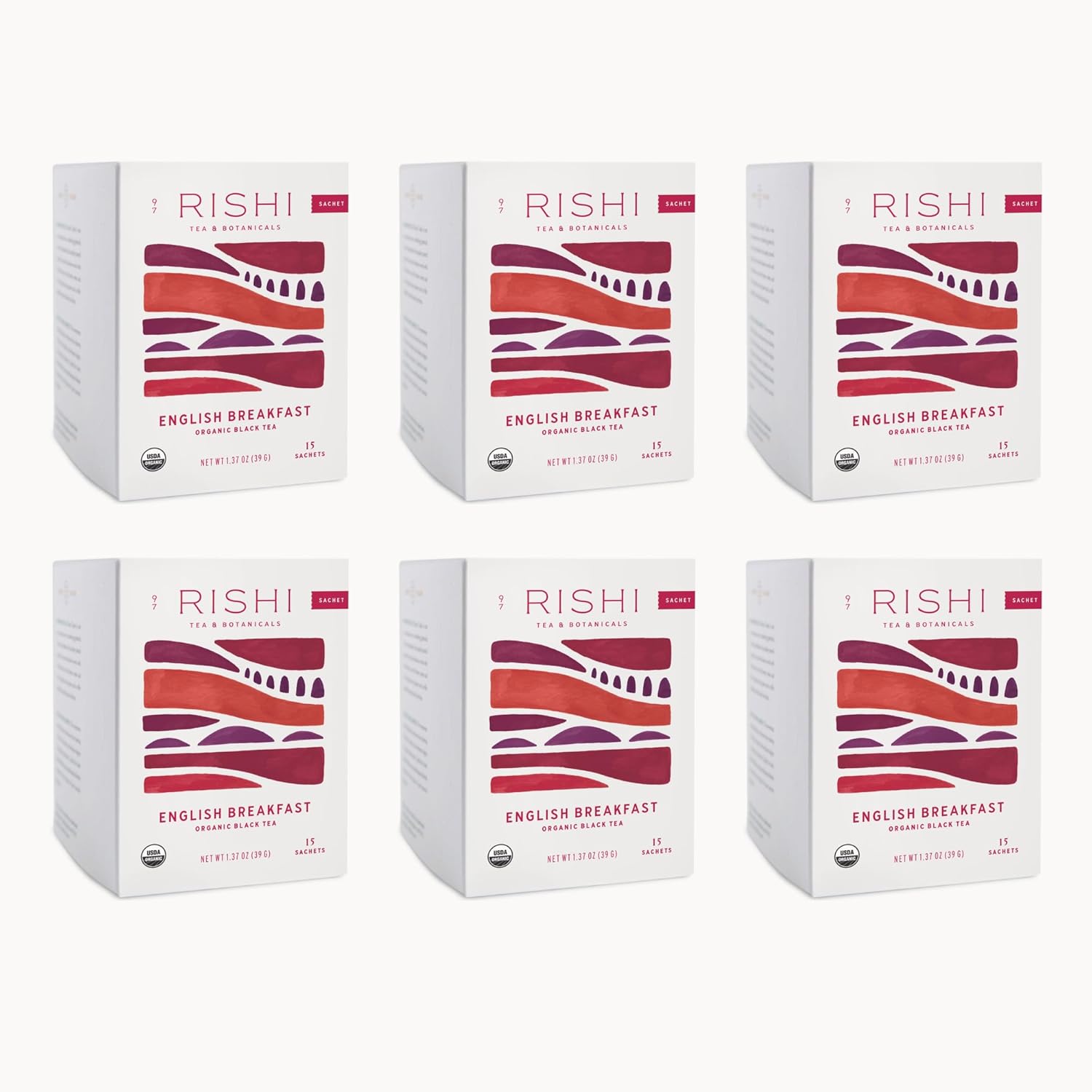 Rishi Tea English Breakfast Tea - Usda Organic Direct Trade Sachet Tea Bags, Certified Kosher Pure Black Tea, Energizing & Caffeinated - 15 Count (Pack Of 6)