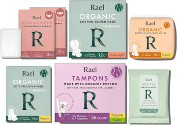 Rael Period Value Pack - Regular Pad 1 Pack, Overnight 1 Pack, Regular Liner 1 Pack, Flushable Feminine Wipes 1 Pack & Compact Tampons (Regular & Super, 36 Count) & Heating Patch (6 Count)