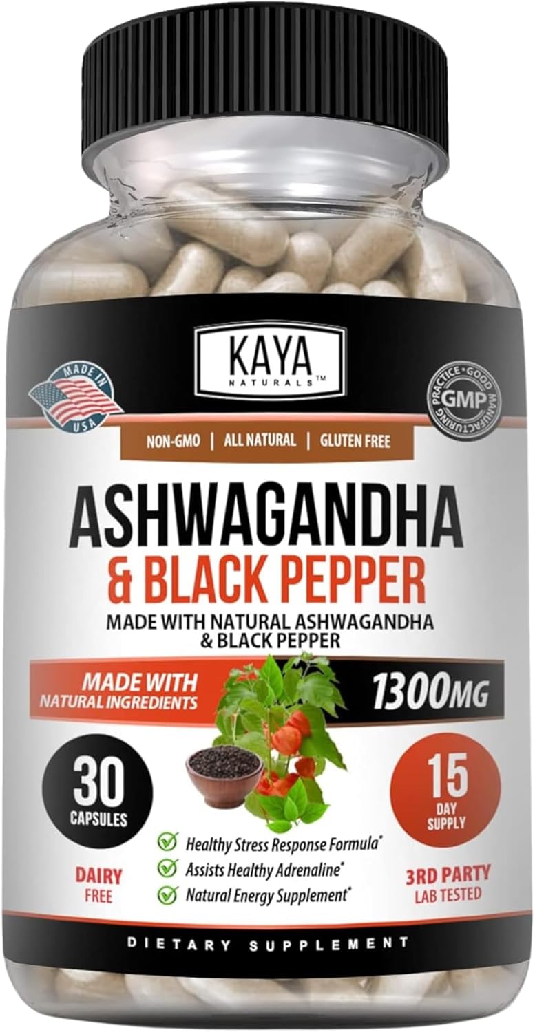 Kaya Naturals Organic Ashwagandha Root With Black Pepper | Maximum Strength 1300Mg Adaptogen Supplement, Support Adrenal, Glandular Health, Mood Relief, Focus, Energy & Vitality For Men & Women