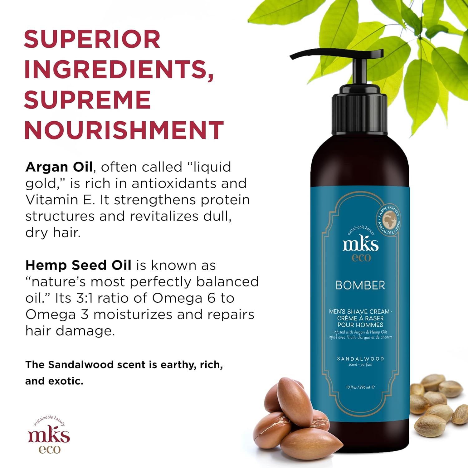 Mks Eco For Men Bomber Shave Cream, Sandalwood Scent - 10 Oz - Softens Beard To Reduce Resistance & Irritation, Moisturizes Skin - With Hemp Seed & Argan Oils - Vegan, Cruelty Free : Beauty & Personal Care