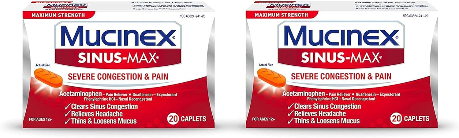 Mucinex Sinus-Max Congestion and Pain Caplet, 20 Count (Pack of 2)