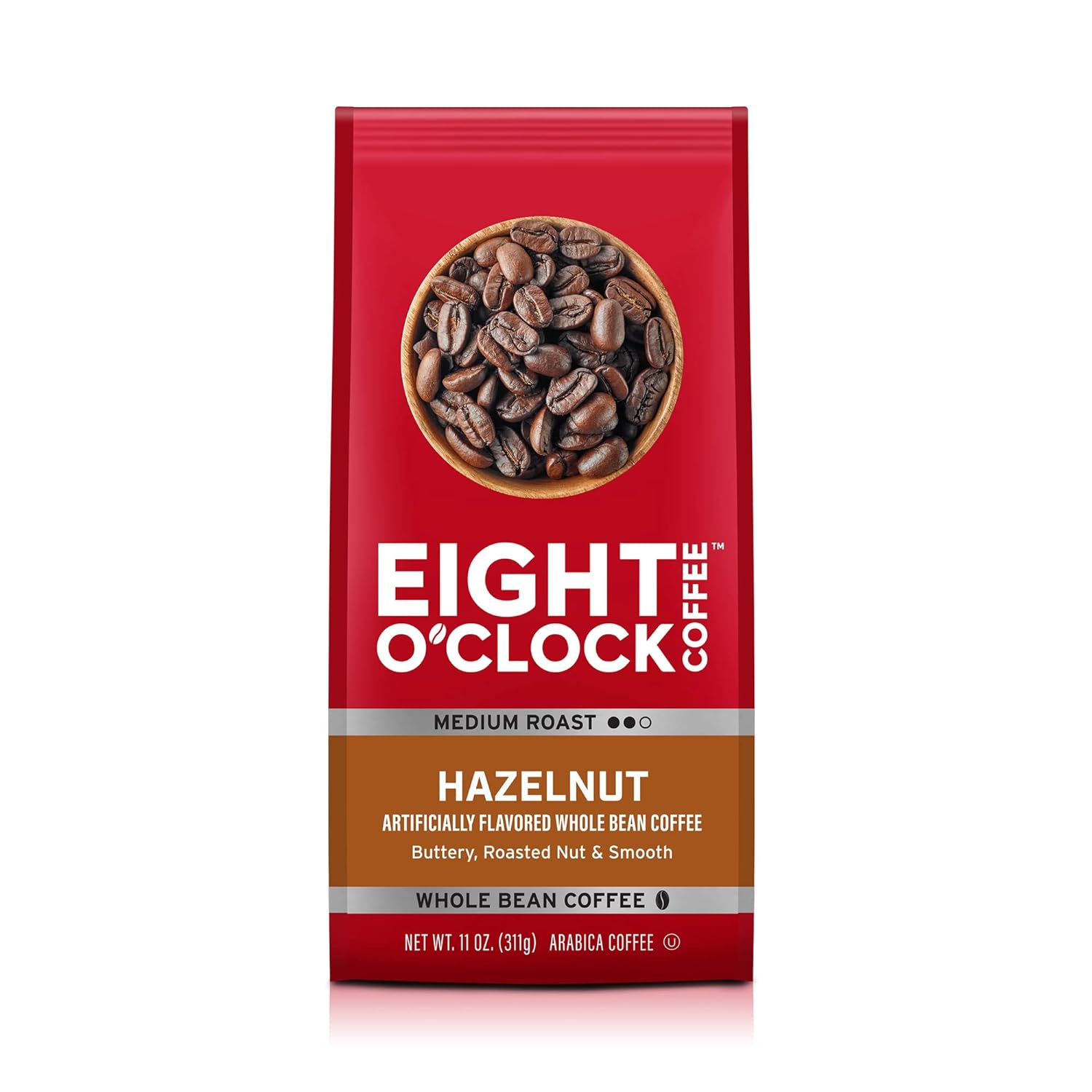 Eight O'Clock Coffee Hazelnut, 11 Ounce (Pack of 6), Medium Roast Whole Bean Coffee, Buttery, Smooth & Nutty, 100% Arabica