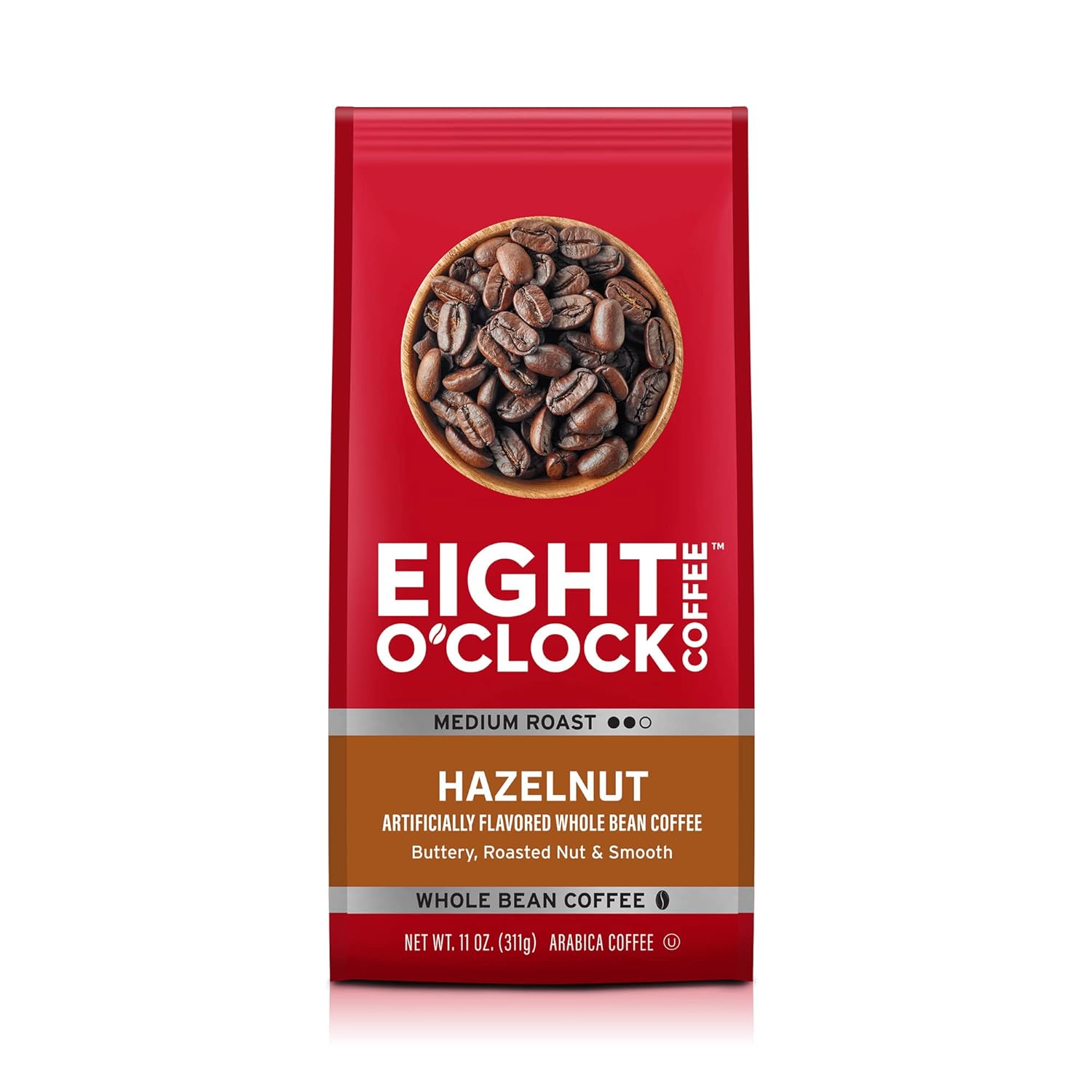 Eight O'Clock Coffee Hazelnut, 11 Ounce (Pack Of 6), Medium Roast Whole Bean Coffee, Buttery, Smooth & Nutty, 100% Arabica