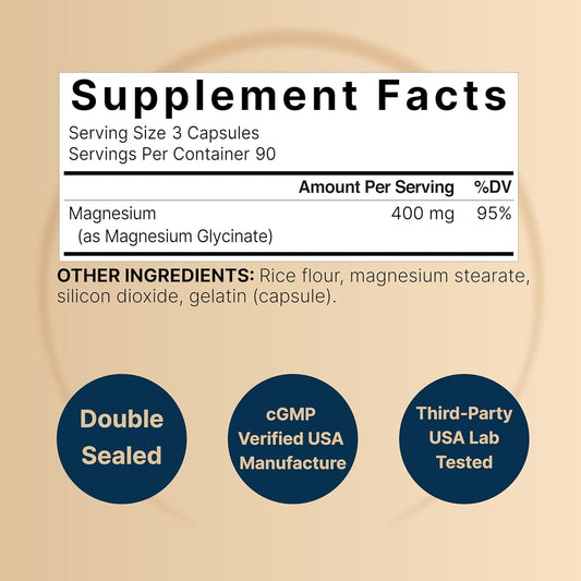 Naturebell Magnesium Glycinate 400Mg (Elemental), 270 Capsules – 100% Chelated For Max Absorption | Non-Gmo & No Gluten, Bioavailable Mineral Supplement For Muscle, Joint, Enzyme, & Heart Health