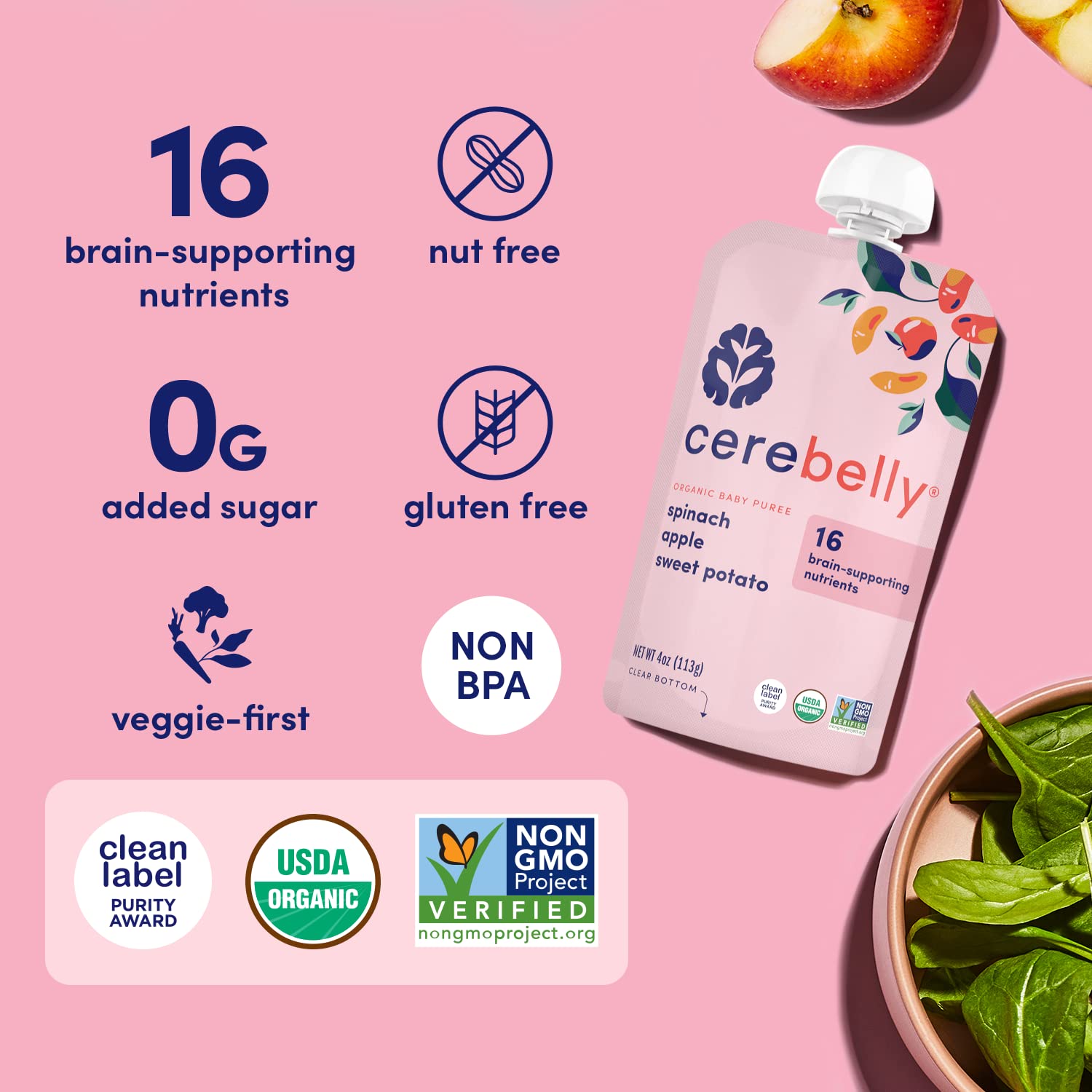 Cerebelly Baby Food Pouches – Organic Spinach Apple Sweet Potato (4 oz, Pack of 6) - Toddler Snacks - 16 Brain-Supporting Nutrients - Healthy Snacks, Made with Gluten-Free Ingredients, No Added Sugar : Baby