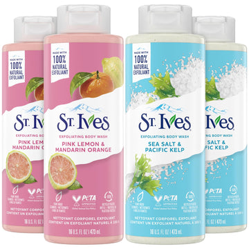 St. Ives Body Wash Variety Pack – Exfoliating Pink Lemon & Mandarin Orange 2-Pack + Sea Salt & Pacific Kelp 2-Pack, 16 Oz Ea (4 Piece Set)