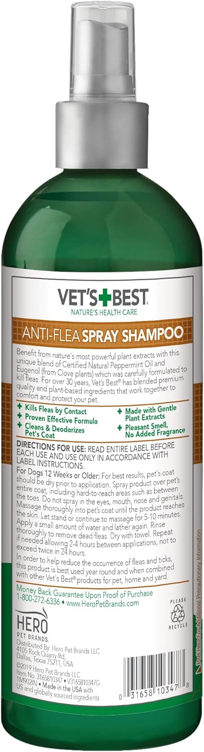 Vet's Best Anti-Flea Spray Shampoo - Dog Flea and Tick Treatment - Plant-Based Formula - Certified Natural Oils - 16 oz