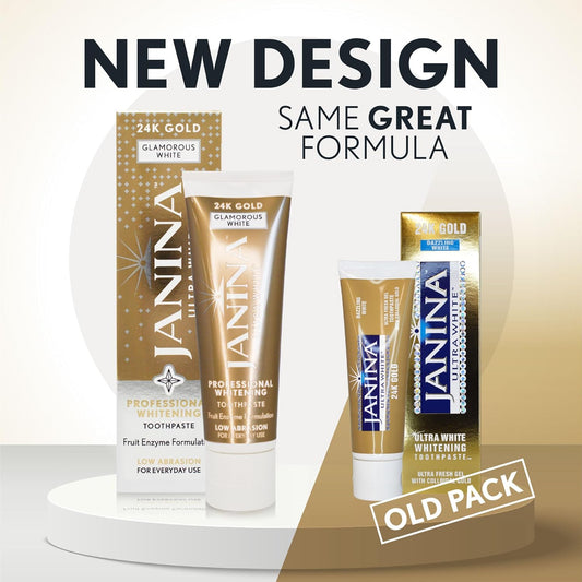 Janina Ultra White 75Ml 24K Gold Toothpaste, Mint, Low Abrasive Formula With Anti-Inflammatory Colloidal Gold & Whitening Complex For Teeth Whitening, For Everyday Use, Vegan & Cruelty Free