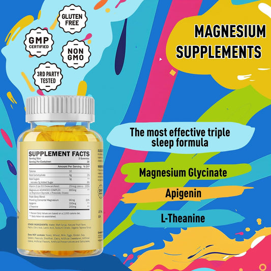 Magnesium Complex Gummies - 800Mg Magnesium Glycinate & Magnesium Citrate, Apigenin & L-Theanine, Magnesium Glycinate Supplements For Adults & Kids, Full Asleep Naturally, Muscle Cramps(60 Count)