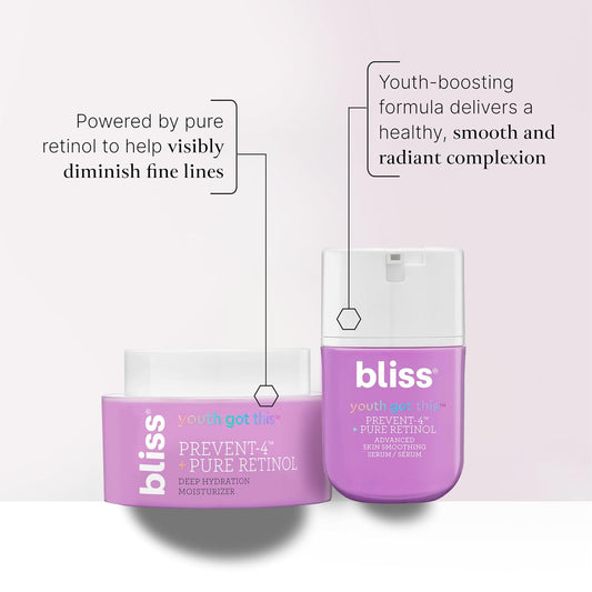 Bliss Anti-Aging Duo: Youth Got This Retinol Serum & Pure Retinol Deep Hydration Moisturizer | Diminishes Fine Lines & Wrinkles | Clean, Fragrance-Free, Vegan