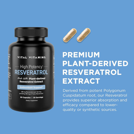 Vital Vitamins Resveratrol Supplement - Antioxidant Support, Cellular Longevity, Cognitive Function - 60 Capsules
