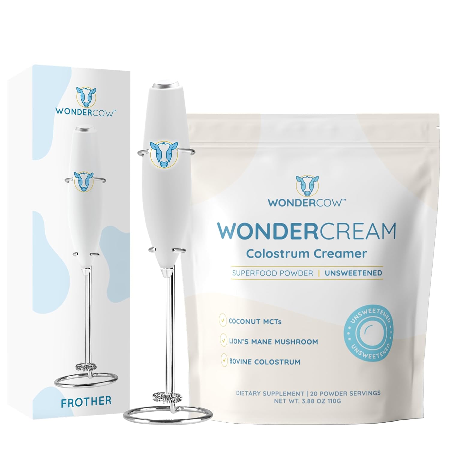 Wondercow Wondercream Bovine Colostrum Creamer Powder Supplement For Gut Health, Focus, Clean Energy & Wellness Unsweetened + Milk Frother High Powered Hand Mixer