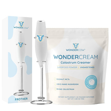 Wondercow Wondercream Bovine Colostrum Creamer Powder Supplement For Gut Health, Focus, Clean Energy & Wellness Unsweetened + Milk Frother High Powered Hand Mixer