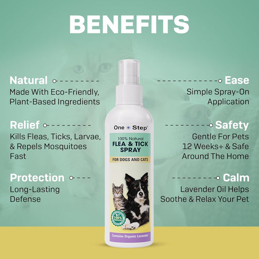 One Step Flea & Tick Spray For Dogs & Cats 250Ml, 100% Natural Formula, Allergen Free, Eco-Friendly, Organic Lavender And 6 Other Essential Oils, Pets Care Treatment For Fleas, Ticks & Mosquitos