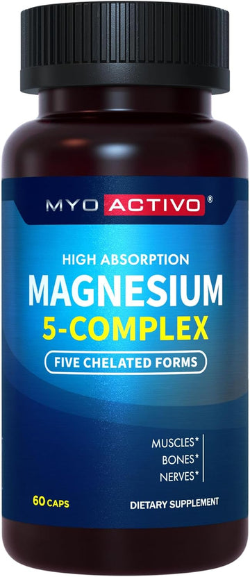 5-In-1 Magnesium Complex - High Absorption - Chelated Magnesium Glycinate, Malate, Citrate, Taurate, & Aspartate For Nerves, Muscles, Bones | 60 Capsules | Magnesium Supplement