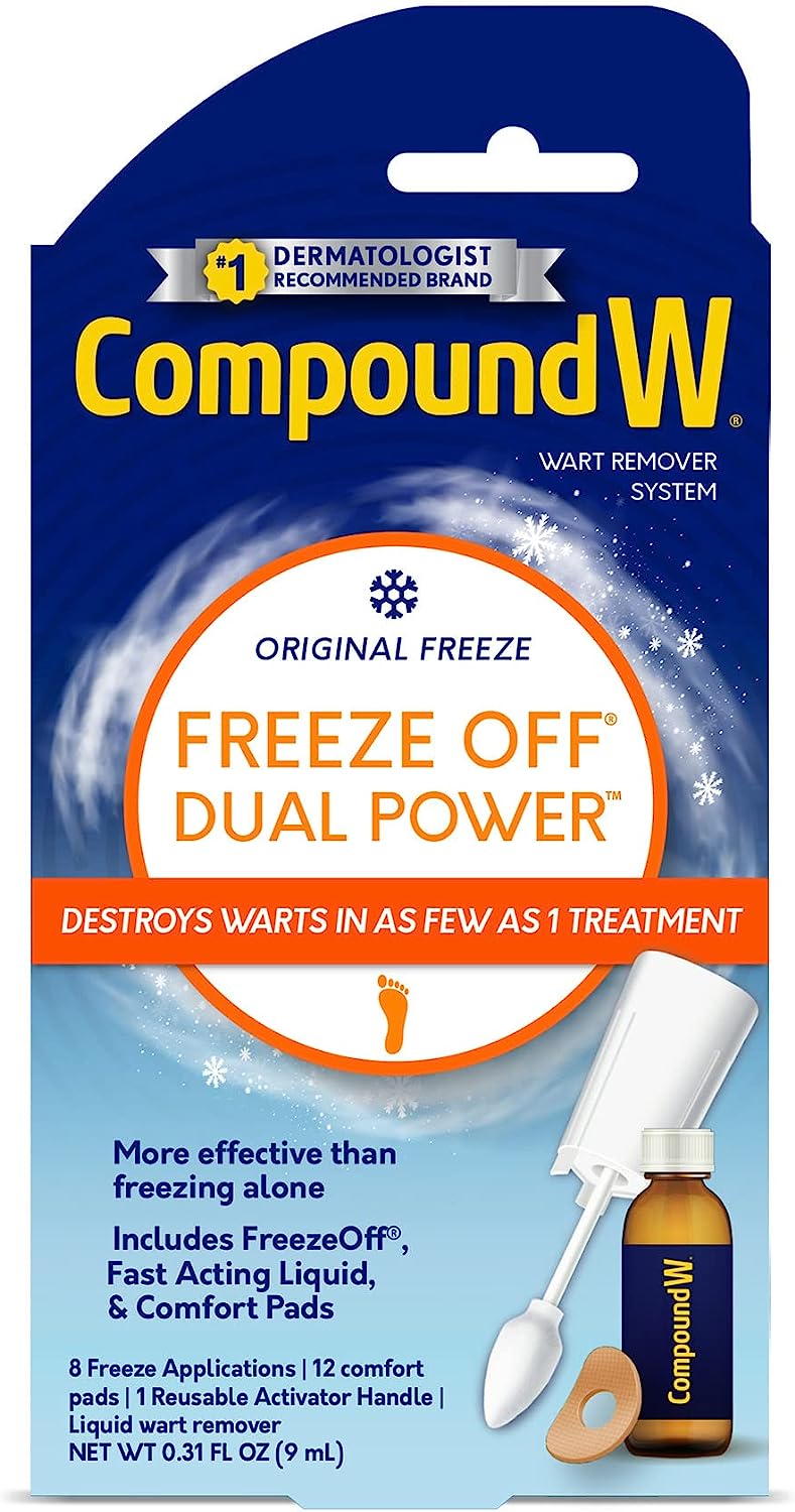 Compound W Dual Power for Large Warts, Freeze Off & Liquid Wart Remover, 8 Freeze Applications and 12 Comfort Pads