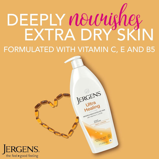 Jergens Ultra Healing Dry Skin Lotion, Hand And Body Moisturizer For Quick Absorption Into Extra Dry Skin With Hydralucence Blend, Vitamins C, E And B5, White, 21 Oz