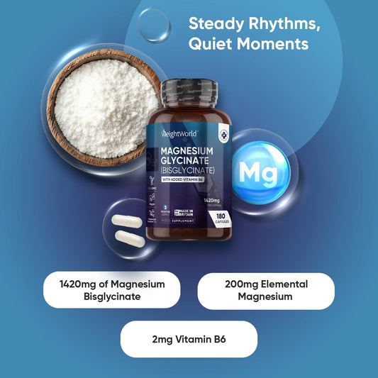Magnesium Glycinate With Vitamin B6 Magnesium Bisglycinate Powder Capsules - 180 Capsules - 3 Months Supply