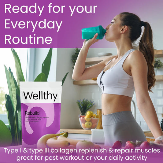 Wellthy Collagen Peptides Protein Powder - Grass Fed Hydrolyzed Collagen For Hair Growth, Skin, Nails, Gut And Joint Support - 20,000Mg Collagen & 18G Protein | Unflavored (15 Servings)