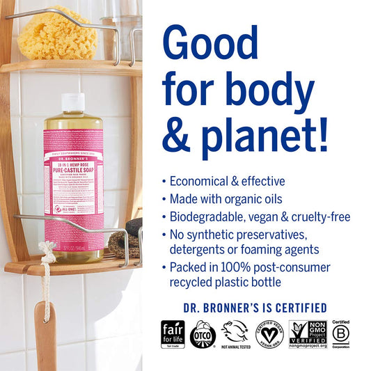 Dr. Bronner's - Pure-Castile Liquid Soap (Rose, 1 Gallon) - Made with Organic Oils, 18-in-1 Uses: Face, Body, Hair, Laundry, Pets and Dishes, Concentrated, Vegan, Non-GMO
