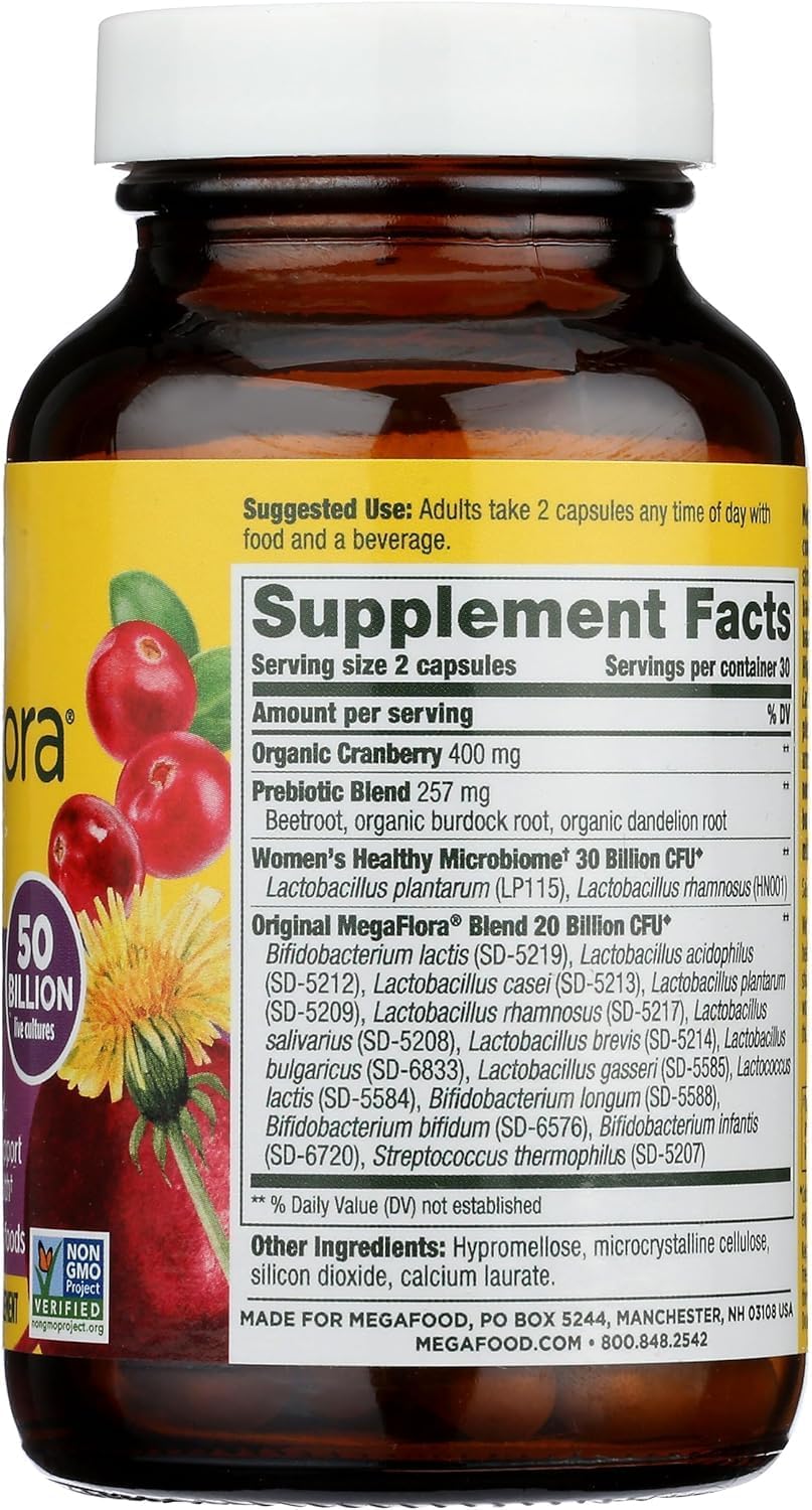 MegaFood MegaFlora Probiotics for Women + Prebiotics - Probiotic with 14 Strains & 50 Billion CFUs - with Cranberry - Vegan & Non-GMO - Made without 9 Food Allergens - 60 Caps (30 Servings) : Health & Household