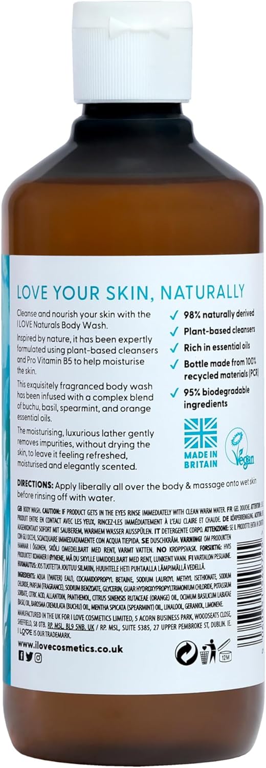 I Love Naturals Bergamot & Seaweed Body Wash, Natural Oils Of Orange & Basil, Formulated Using Essential Oils For Silky Smooth & Moisturised Skin, 500Ml