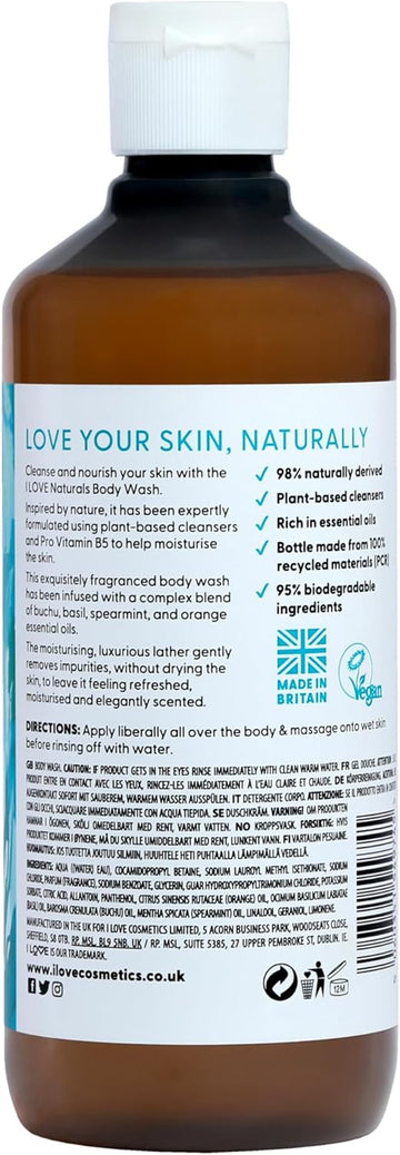 I Love Naturals Bergamot & Seaweed Body Wash, Natural Oils Of Orange & Basil, Formulated Using Essential Oils For Silky Smooth & Moisturised Skin, 500Ml