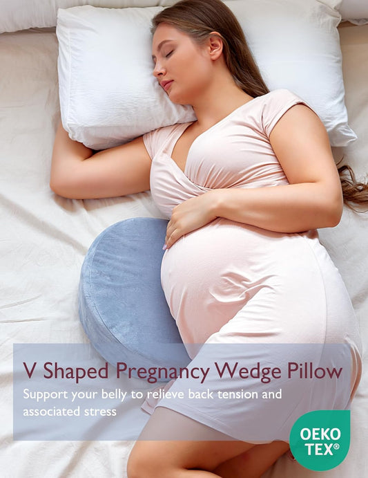 Momcozy Pregnancy Wedge Pillow For Belly Support | Memory Foam | V Shaped Maternity Wedge Pillow For Pregnancy | Travel Belly Wedge Pillow For Dual Side Support, Velvet