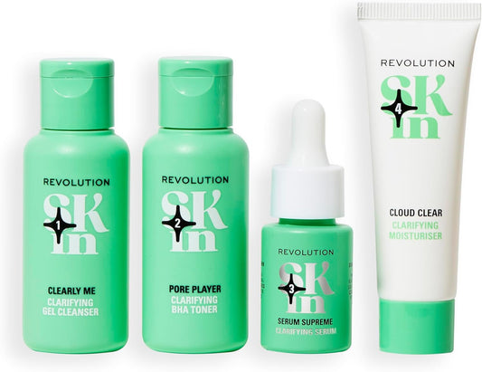 Revolution Skin, Clearly Clarify 4 Step Starter Kit, Skincare Set For Blemish-Prone Skin, Includes Cleanser, Toner, Serum & Moisturiser, Vegan & Cruelty-Free, 4 Products Included