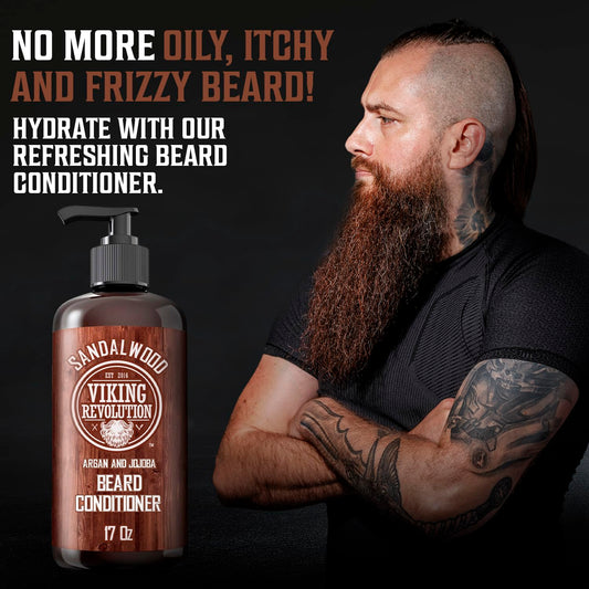 Viking Revolution Beard Conditioner W/Argan & Jojoba Oils - Softens & Strengthens - Sandalwood Scent - Beard Conditioner W/Beard Oil (17Oz Conditioner)