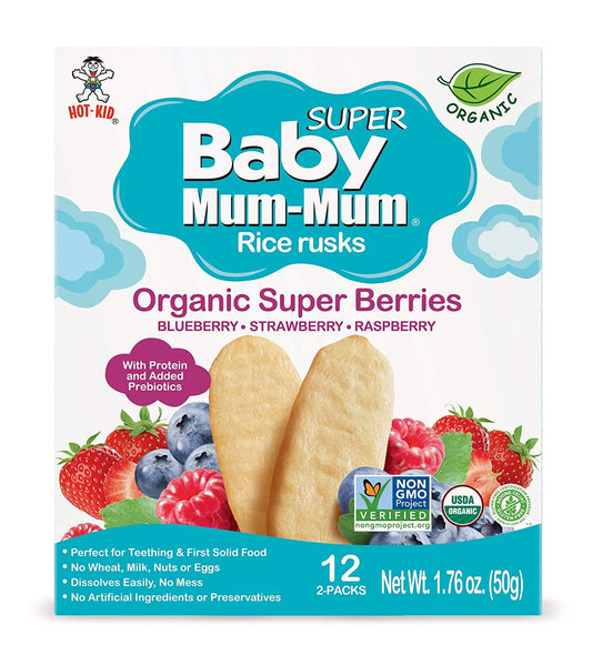 BABY MUM-MUM Organic Rice Rusks Baby Snacks - Super Berries Flavor (Pack of 6) | Infant Teething Biscuits - Non-GMO, Gluten Free, Allergen Free