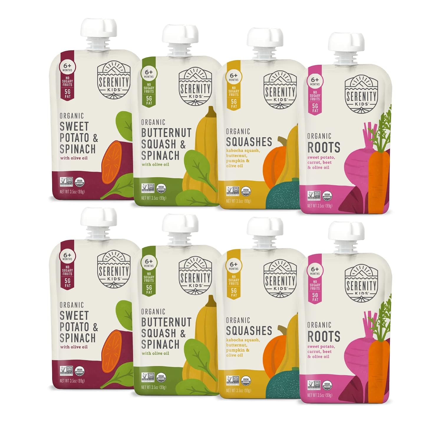 Serenity Kids 6+ Months Certified Organic Baby Food Pouches Veggie Puree | No Sugary Fruits Or Added Sugar | Allergen Free | 3.5 Ounce Bpa-Free Pouch | Variety Pack | 8 Count