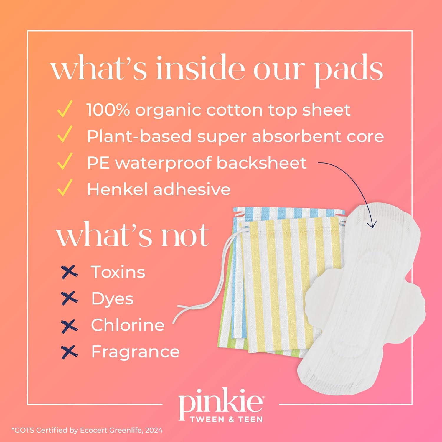 First Period Pinkie Prep - Pouch with 4 Ultra Thin Organic Cotton Topsheet Pads - Mini, Small and Regular Size Pads w/Wings - Grab-n-Go Period Travel Kit - Fragrance and Chlorine-Free Pads : Health & Household