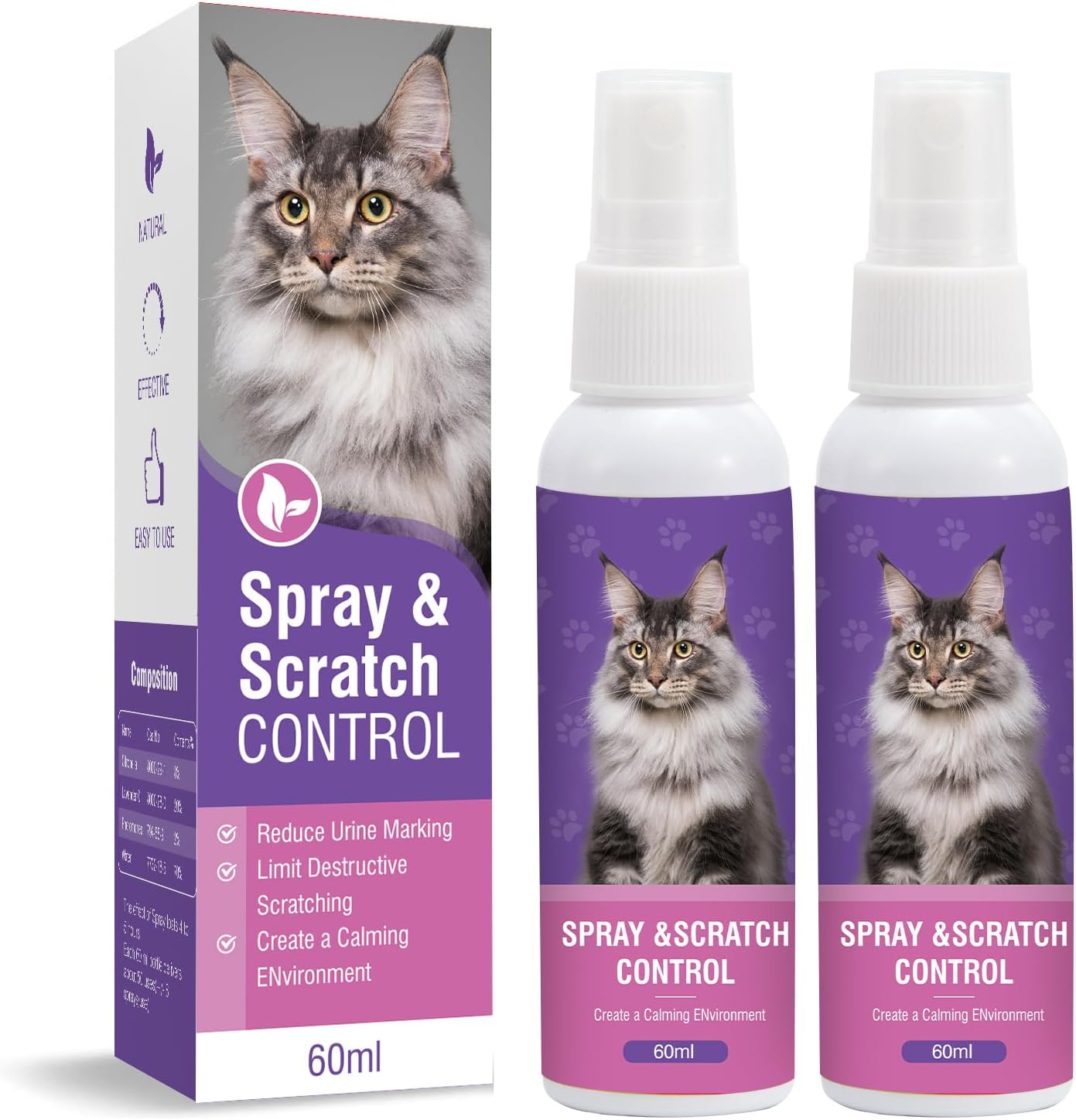 Cat Calming Spray 2Pack Cat Pheromone Spray - Quickly Relieve Stress Reduces Scratching Furniture Peeing Helps Relieve Scratching Marking Anxiety Supports Relief For Fireworks,Travel,Vet Visits 120Ml