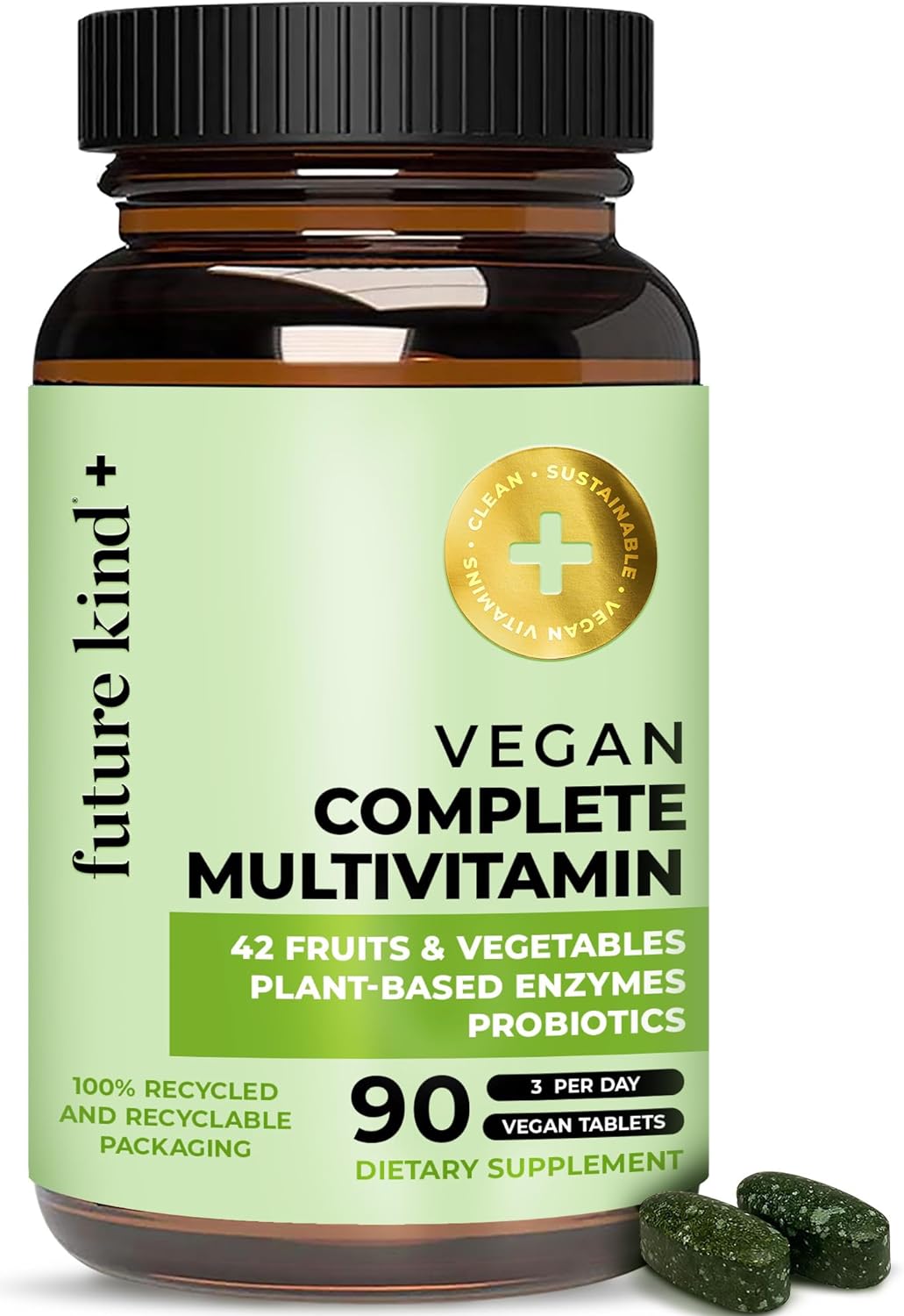 Future Kind Vegan Multivitamins Complete (90Tabs In Recycled Bottle) - 42-In-1 Vegan Multivitamins For Women & Men - Multivitamin W Enzymes & Probiotics For Digestion - Vegan Vitamins W B12 & Zinc