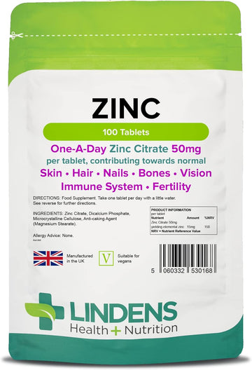 Lindens Zinc Citrate 50mg - 100 Vegan Tablets - Immune Function, Fertility, Healthy Bones, Vision, Hair, Nails and Skin - Made in The UK | (3+ Months Supply) | Letterbox Friendly