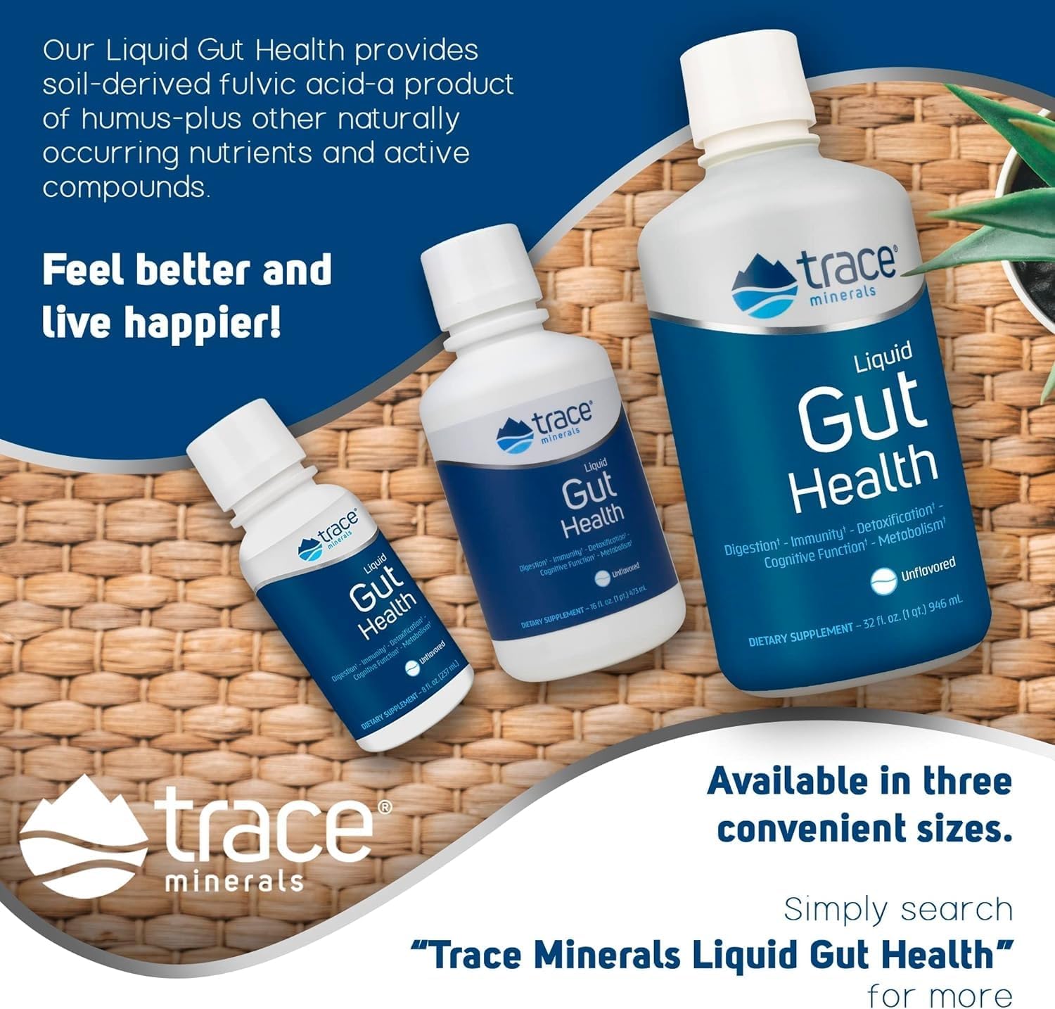 Trace Minerals | Liquid Gut Health | Support For Gut Lining, Normal Digestion, Immunity, Metabolism | 10 Mg Humic & Fulvic Acid | Unflavored | 32 Fl Oz