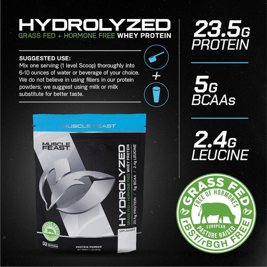 Muscle Feast Grass-Fed Hydrolyzed Whey Protein Powder, All Natural Hormone-Free, Unflavored, 2Lb