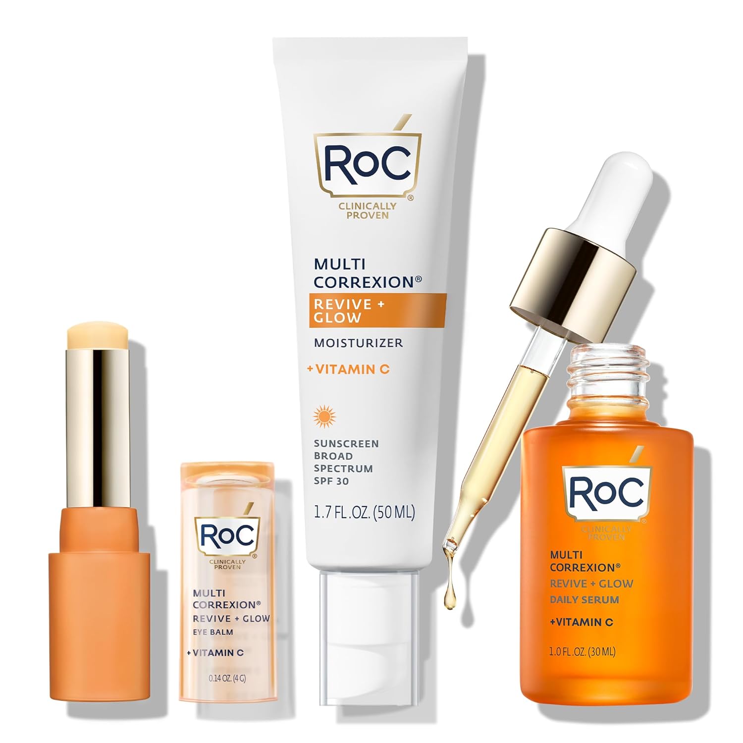 Roc Multi Correxion Revive + Glow Vitamin C Skin Care Routine: Eye Balm + Serum + Spf 30 Moisturizer, Skincare Set For Women And Men