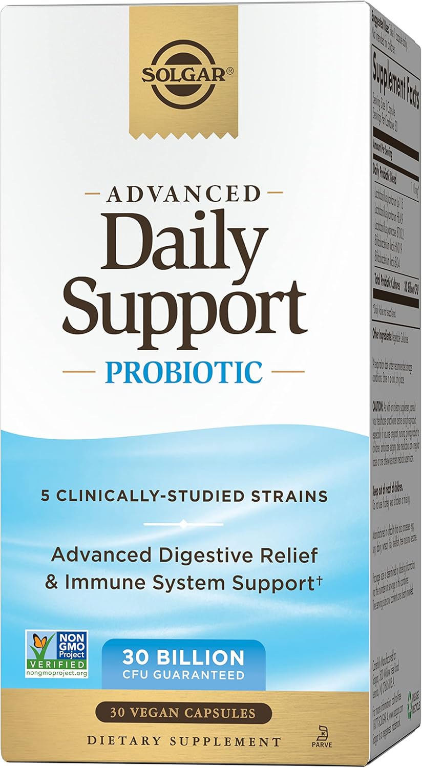 Solgar Advanced Daily Support Probiotic, 30 Vegan Capsules - 30 Billion Cfu - 5 Clinically-Studied Strains - Advanced Digestive Relief & Immune System Support - Non-Gmo & Vegan, 30 Servings
