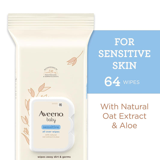 Aveeno Baby Sensitive All Over Wipes With Aloe & Natural Oat Extract For Face, Bottom, Hands & Body, Ph-Balanced, Hypoallergenic, Fragrance-, Phenoxyethanol- & Alcohol-Free, 64 Ct