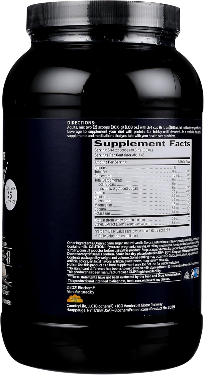 Biochem 100% Whey Isolate Protein Powder, Vanilla Flavor, 20G Grass-Fed Protein, Keto Friendly, Gluten Free, Easily Digestible, Vegetarian, 48.5 Oz, 45 Servings : Health & Household