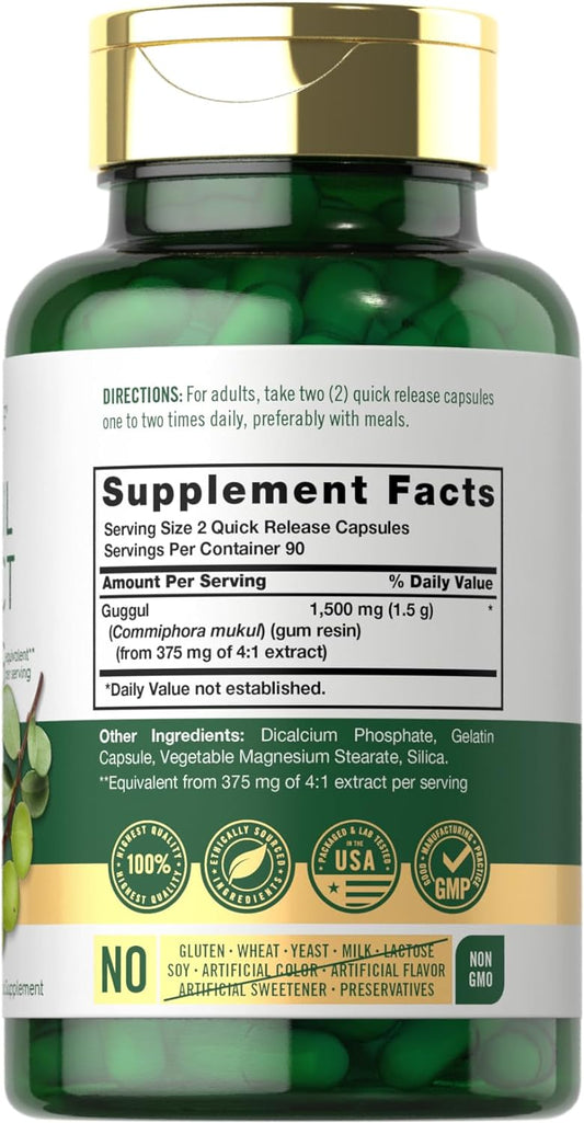 Guggul Extract 1500mg | 180 Capsules | Guggulsterone Supplement | Non-GMO and Gluten Free | by Carlyle