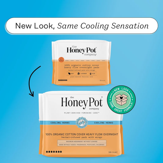 The Honey Pot Company - Herbal Pads For Women - Heavy Flow Overnight Pads W/Wings - Infused W/Essential Oils For Cooling Effect & Organic Cotton Cover - Sanitary Pads - Feminine Care - Fsa - 16 Ct