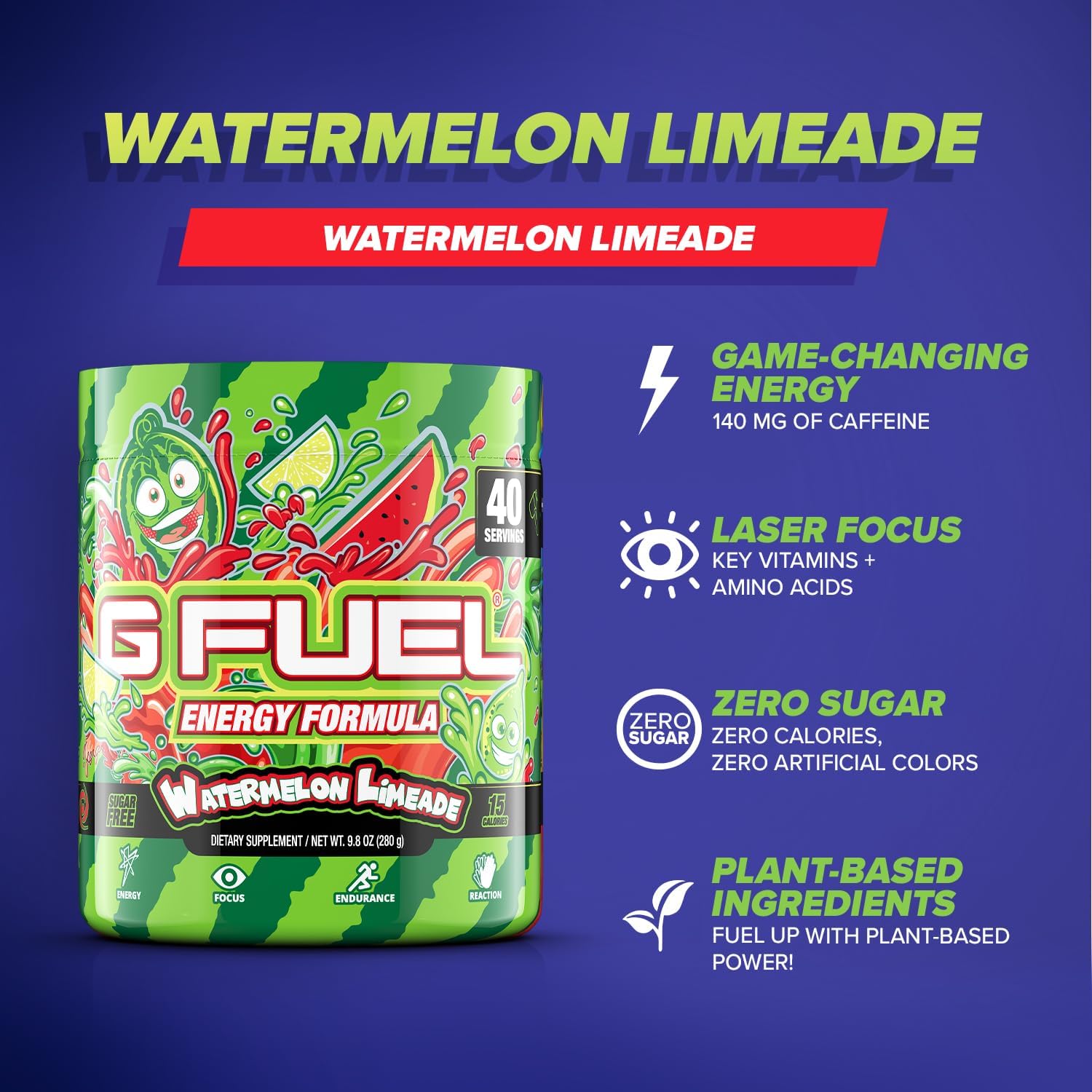 G Fuel Watermelon Limeade Energy Powder, Sugar Free, Clean Caffeine Focus Supplement, Water Mix, Focus Amino, Vitamin + Antioxidants Blend, 9.8 oz (40 Servings) : Health & Household