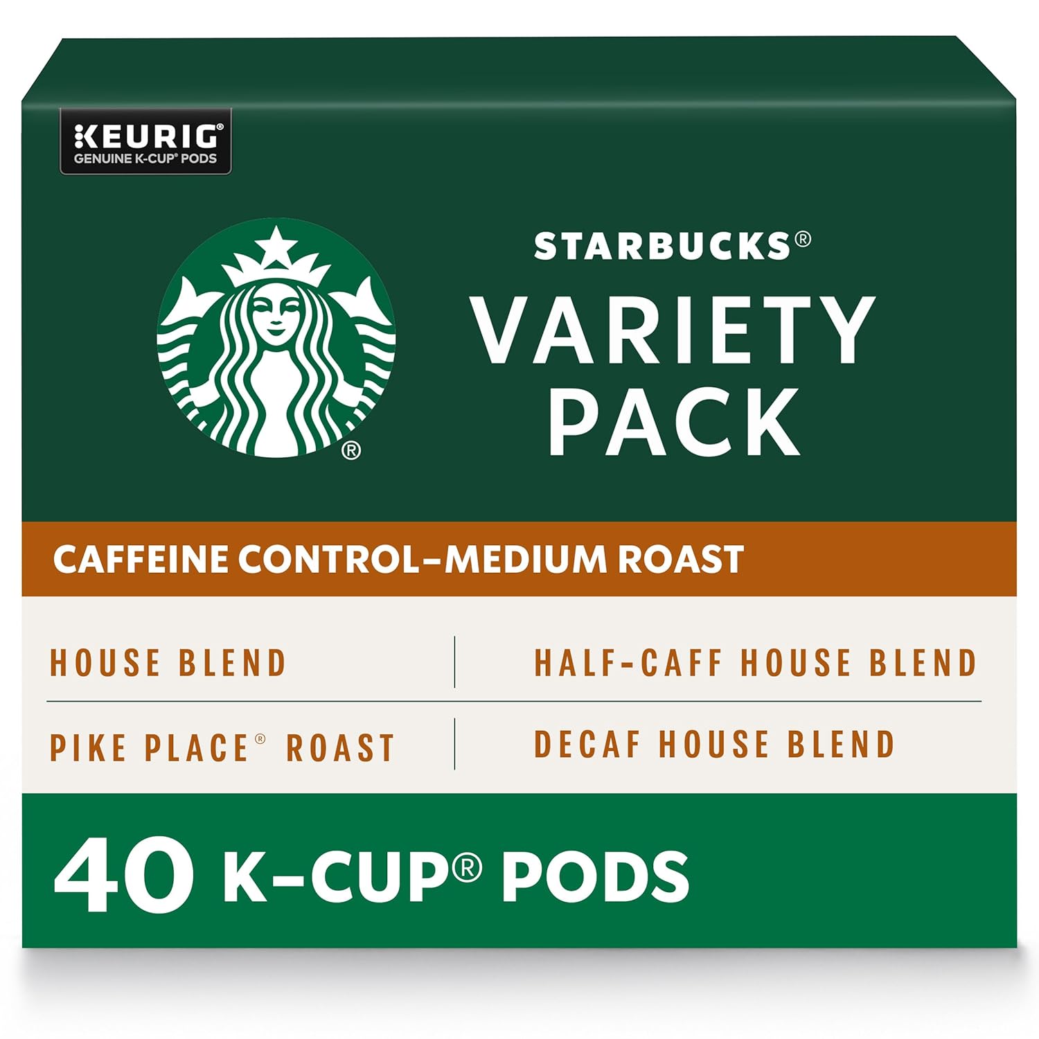 Starbucks Coffee, Keurig K-Cup Pods, Medium Roast, Caffeinated, Decaf, Half-Caff Variety Pack, 40 Pods