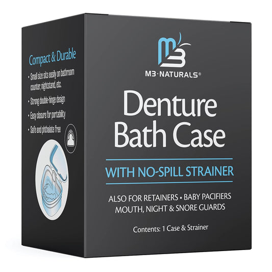 Denture Bath Case and Retainer Case FSA HSA Approved Denture Bath Cup for Invisalign Retainers Mouthguards Dentures Cleaner Kit with Strainer Spill-Free Portable Retainer Cleaner Case by M3 Naturals