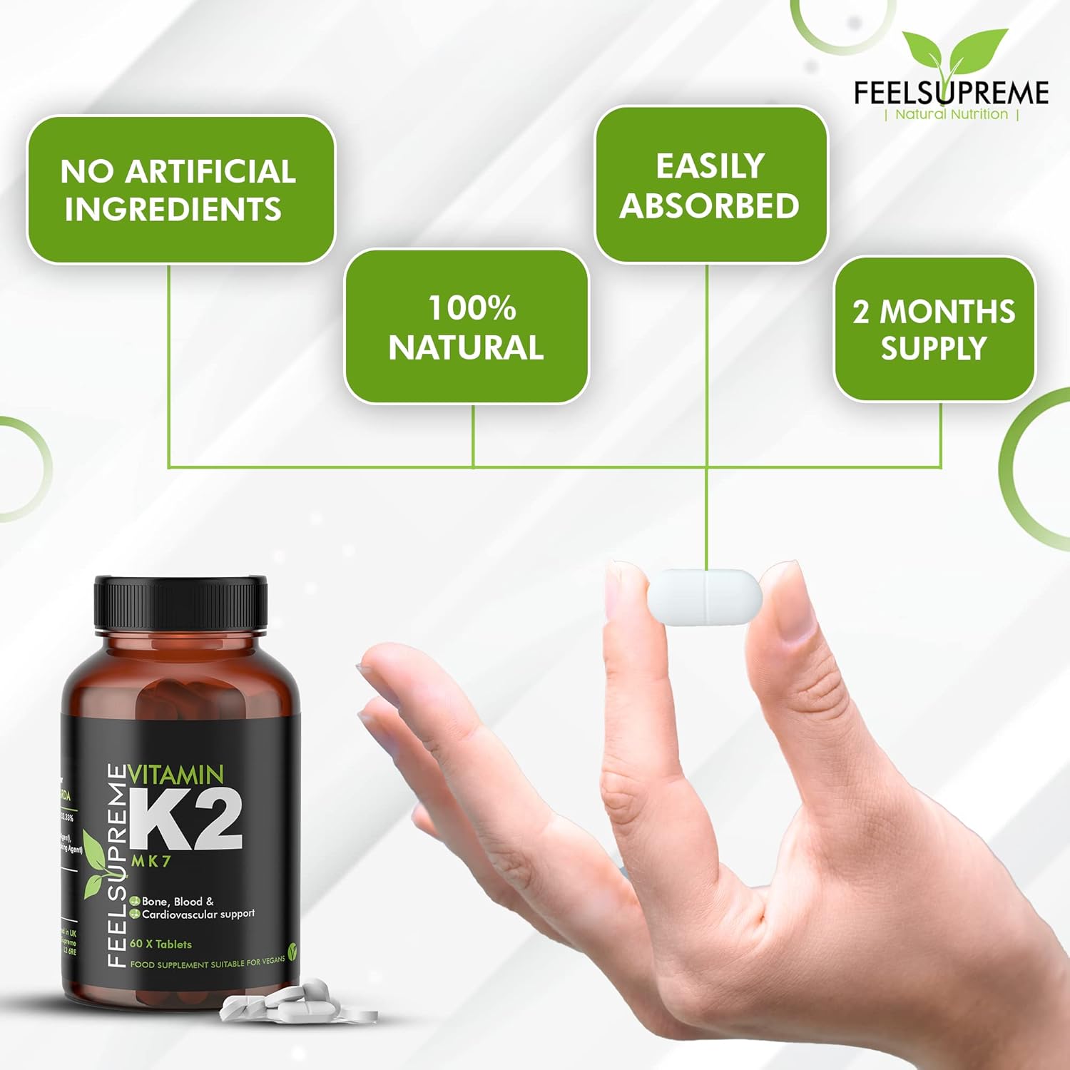 Vitamin K2 MK7 100mcg 60 High Strength Tablets 2 Months Supply| 100% Natural Vegan Friendly Supplement | Supports Bone and Heart Health : Amazon.co.uk: Health & Personal Care