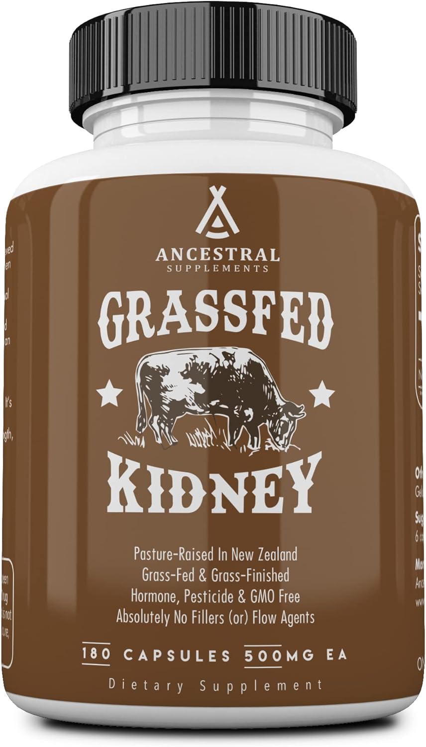 Ancestral Supplements Grass Fed Beef Kidney Supplement, 3000mg, DAO Enzyme Supplement, Kidney Support for Urinary and Histamine Health, Selenium, B12, Non GMO, 180 Capsules