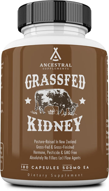 Ancestral Supplements Grass Fed Beef Kidney Supplement, 3000mg, DAO Enzyme Supplement, Kidney Support for Urinary and Histamine Health, Selenium, B12, Non GMO, 180 Capsules